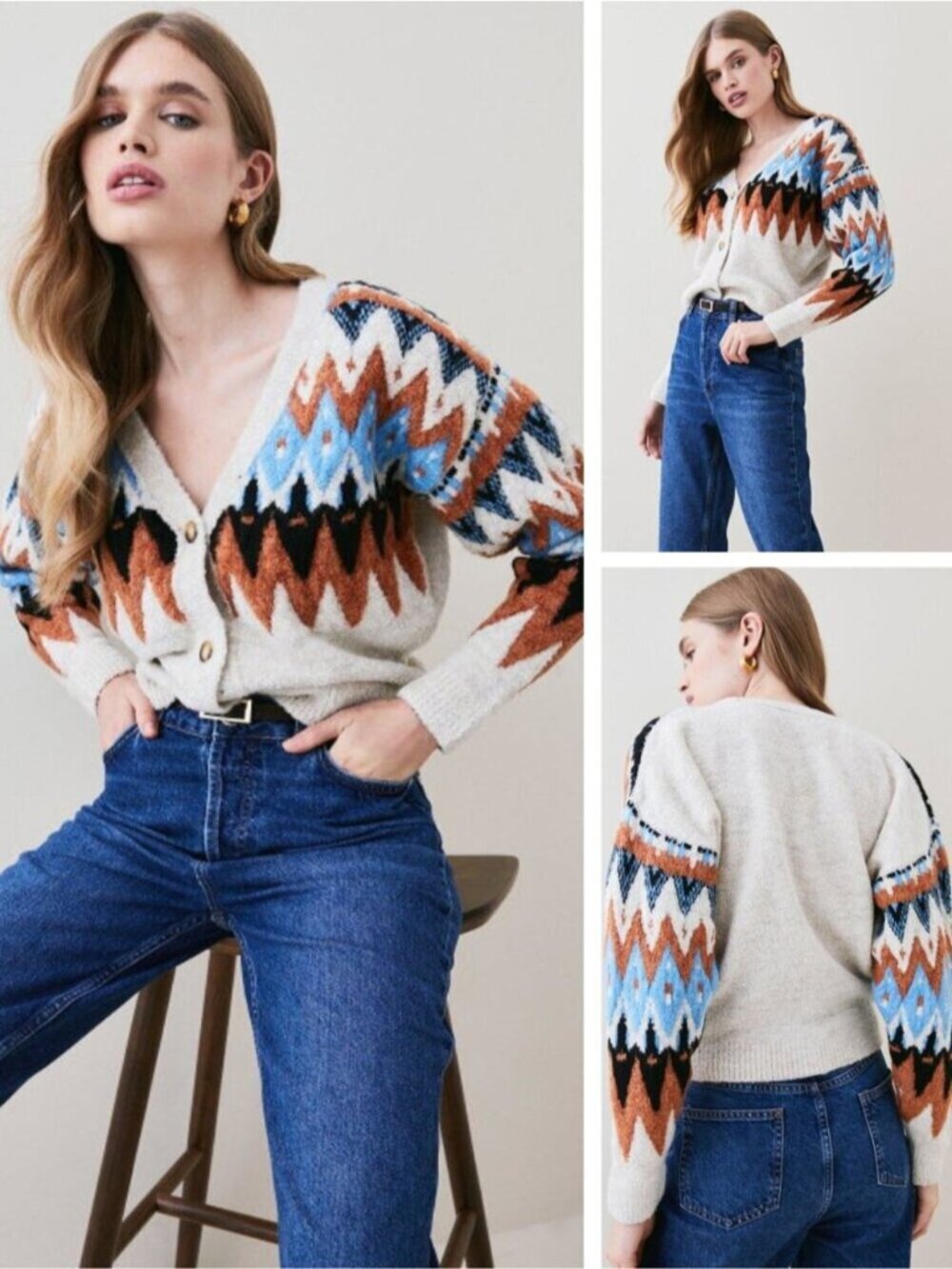 KAREN MILLEN Boucle Fairisle Knit V Neck Cardigan Size XS